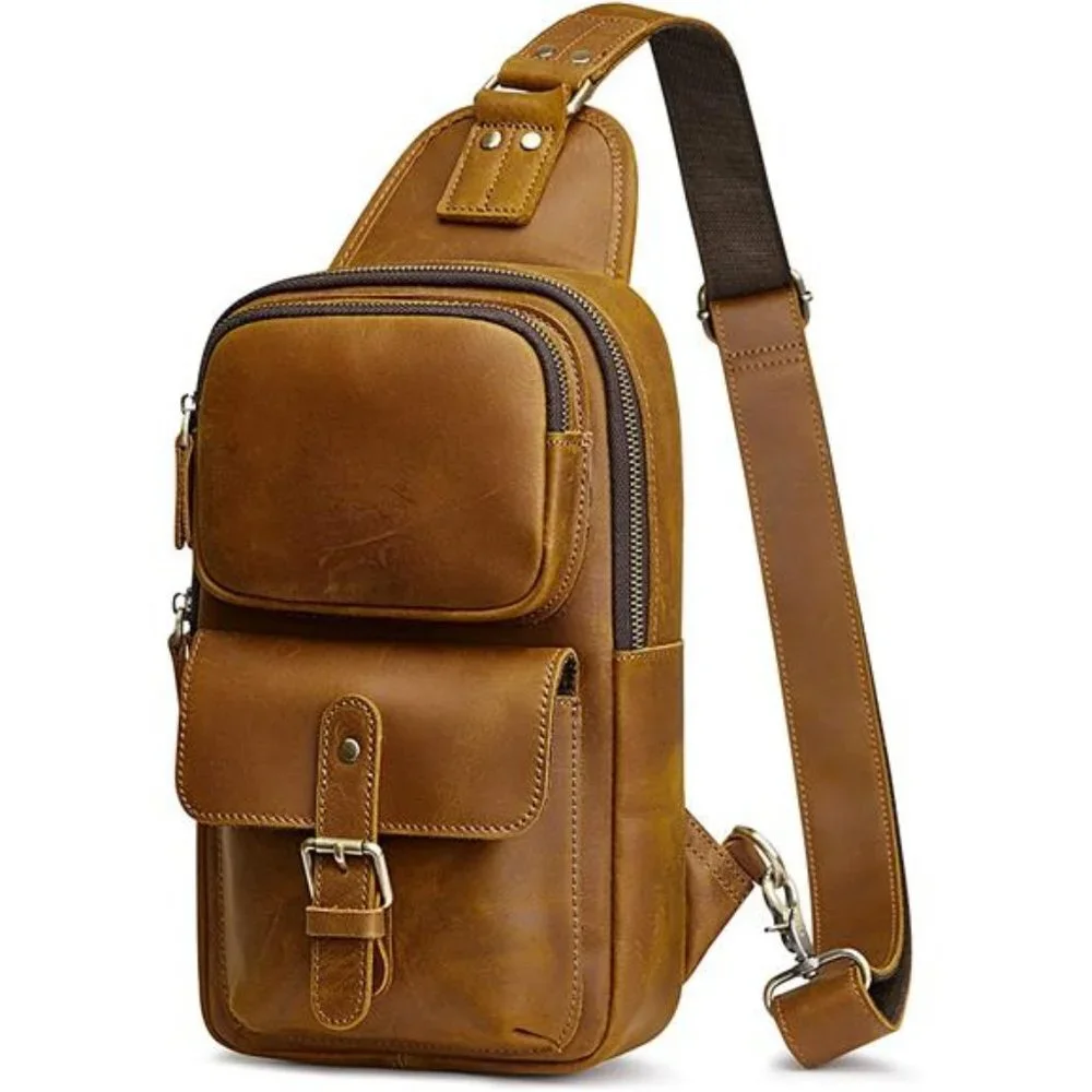 Unisex Vintage Genuine Leather Shoulder Backpack Crossbody Bag (Light Brown)